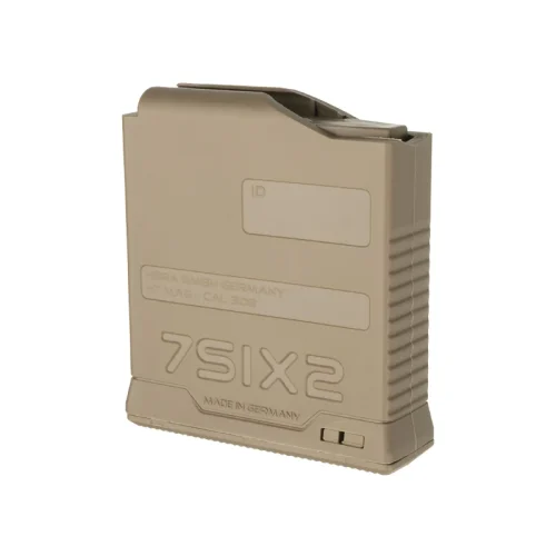 Tan H7 mag 5 round .308 caliber magazine pointing left