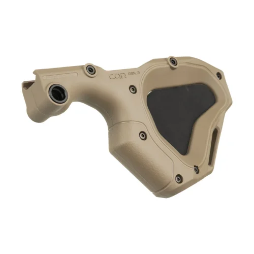 Angled perspective of CQR GEN2.0 Front Grip in tan, state compliant version.