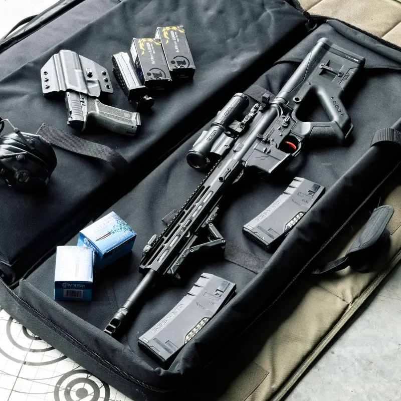 Close-up of Hera Arms HFGA Adjustable Fore Grip in black mounted on AR-15 for improved recoil control and faster follow-up shots.