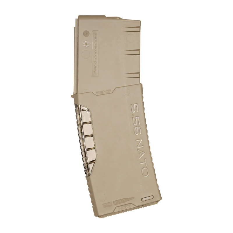 Flat lay view of an H3MAG-T 30-round AR magazine in tan with a transparent spine