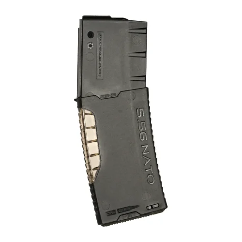 Black H3MAG-T 30 round AR magazine with transparent spine, side view