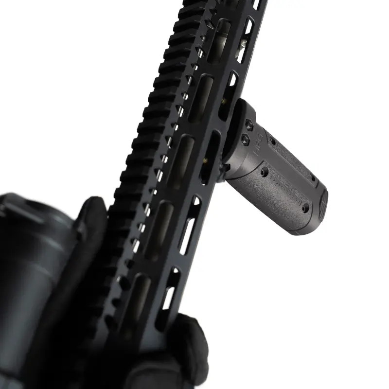 Close-up of Hera Arms black HFG foregrip on anodized AR-15 handguard with anti-slip texture and MIL-STD 1913 Picatinny compatibility