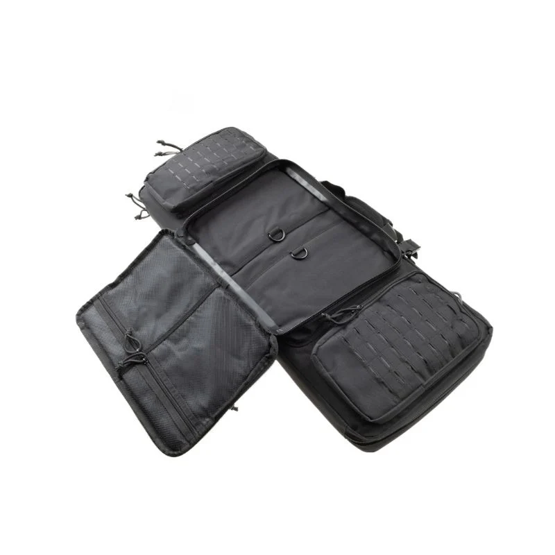 Open 33" black double rifle bag showing inner compartments and front pocket.