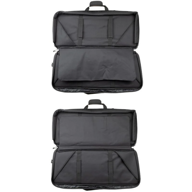 Open 33" black double rifle bag showing partition for two rifles.