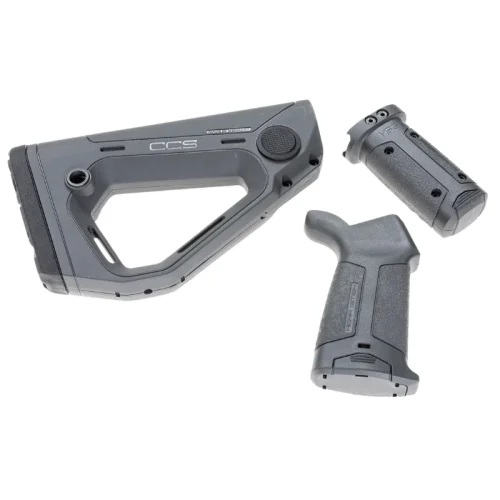 CCS adjustable buttstock, front grip, and pistol grip for AR-15 in battleship grey limited edition