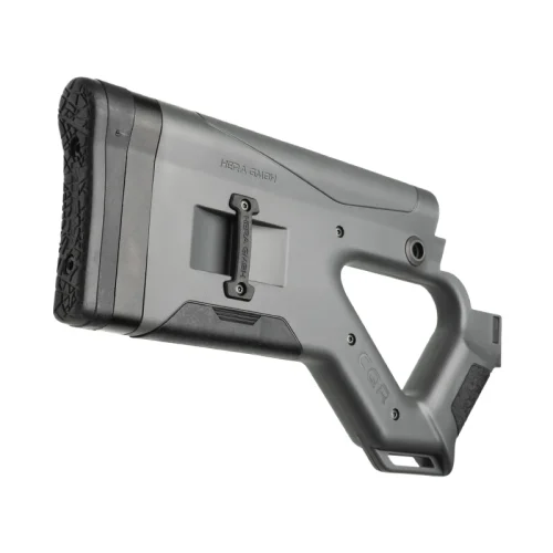 Close-up of CQR Gen 1.0 AR-15 buttstock showing textured rubber butt pad in Battleship Grey